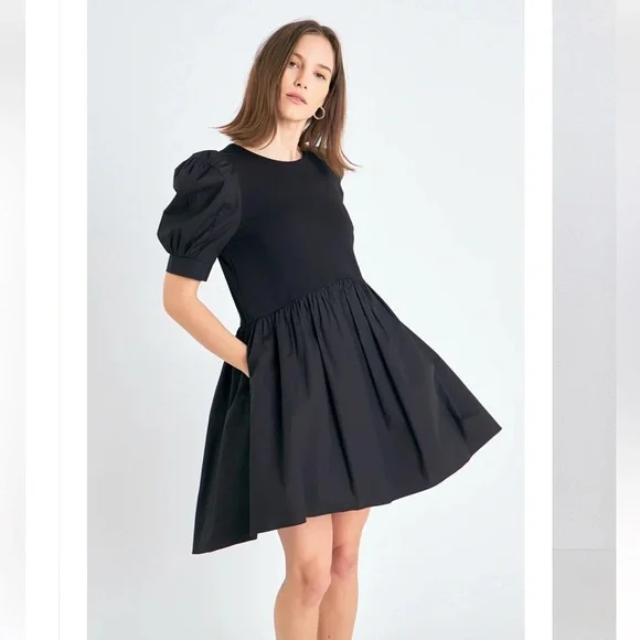 Sold! English Factory Black Puff Sleeve Mini Dress - Picture 1 of 14